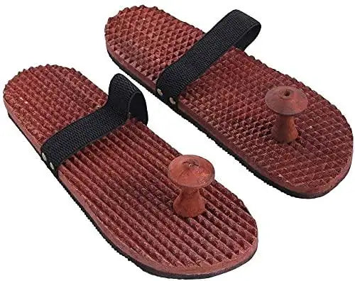 Acupressure massager slippers, burgundy textured soles with wooden-style knob inserts