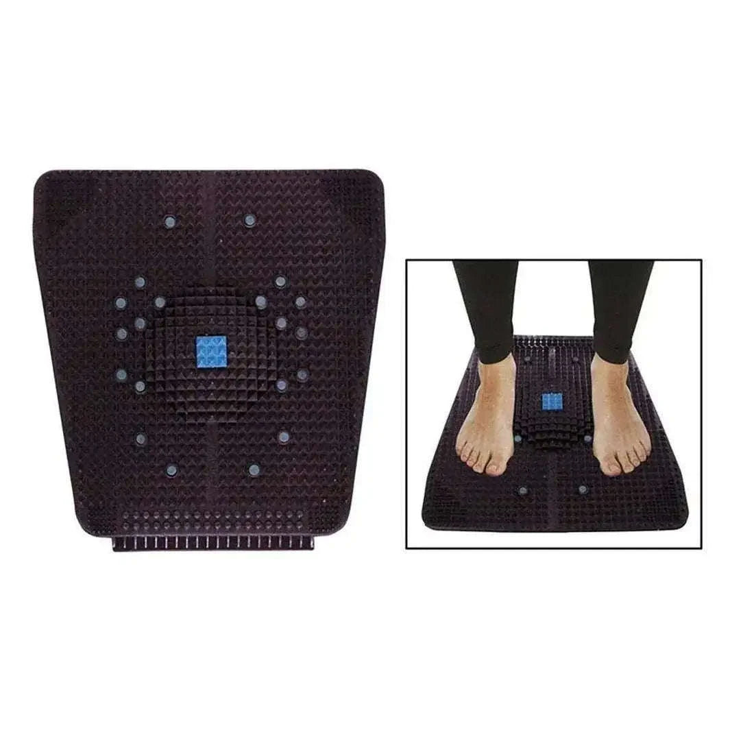 Black acupressure foot mat designed for pain relief and muscle recovery