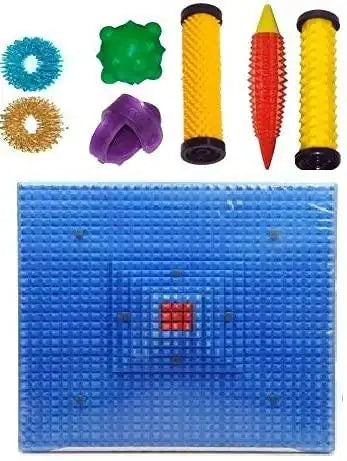 Blue acupressure mat with raised spike points and small central logo