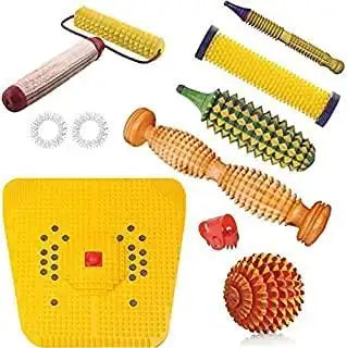 Acupressure mat and wooden roller tools kit with yellow spiked pad and foot rollers