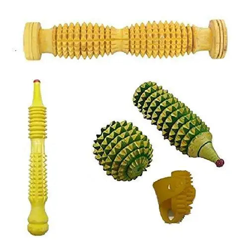 Acupressure Combo Kit with yellow roller, tall massager, and green spiked pads
