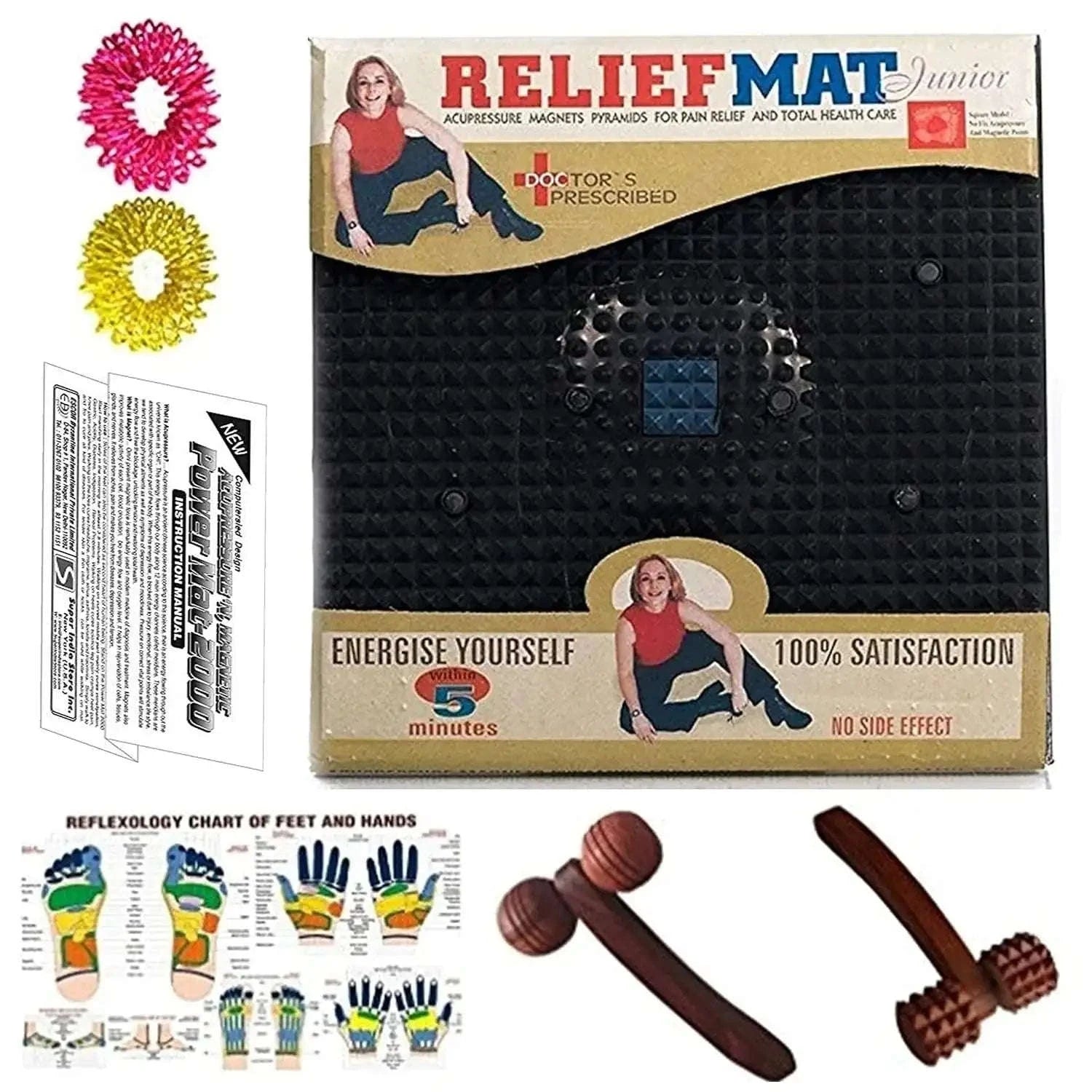 Acupressure Super Mat with magnets for pain relief, featuring a textured black surface and blue center square.