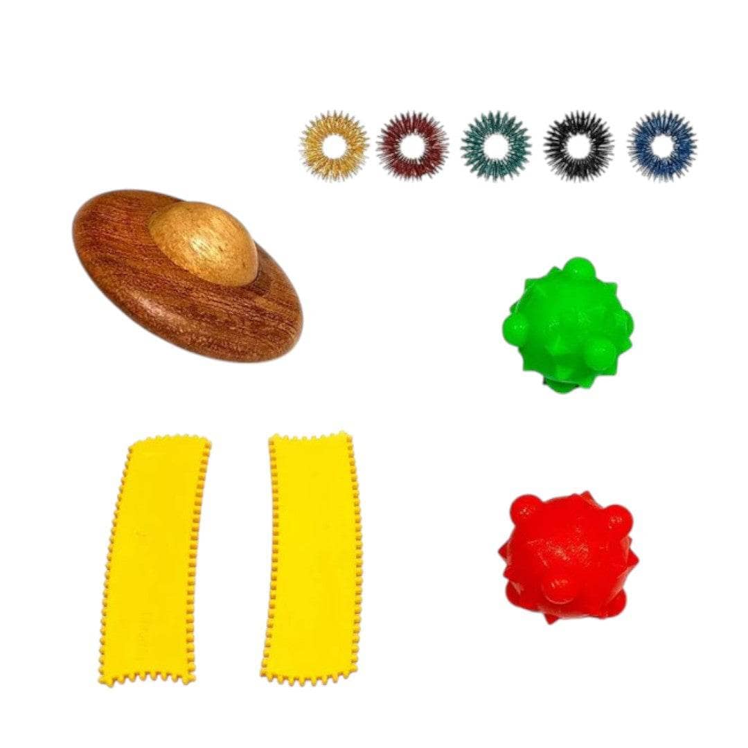 Acupressure therapy set featuring therapy balls, rings, and a wooden massager fidget combo
