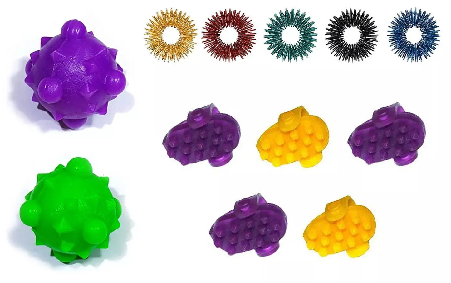 Colorful acupressure thumb pad set including purple, yellow, and green designs for effective acupressure therapy