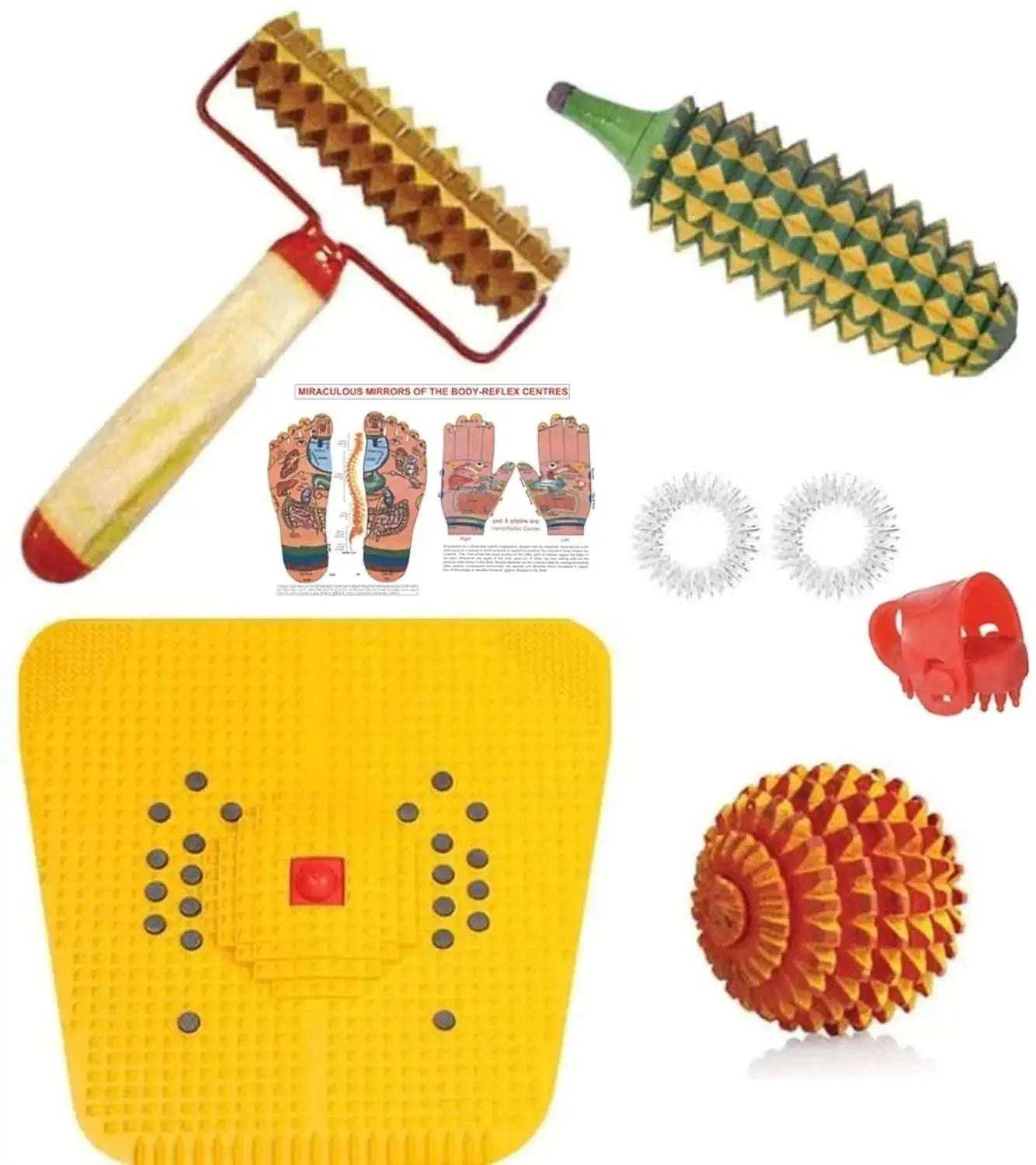 Acupressure tool kit with power mat, wooden roller, spiky ball, and attachments.