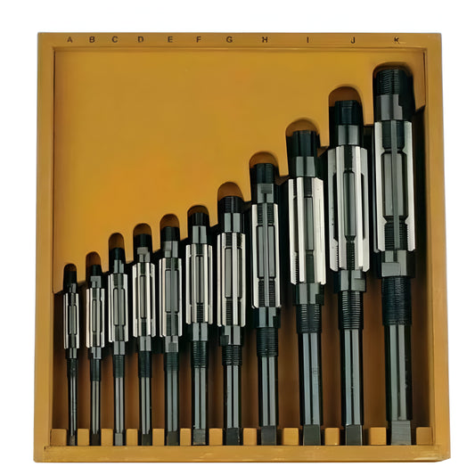 Adjustable hand reamer set displayed in a wooden case with multiple sizes for precise reaming tasks
