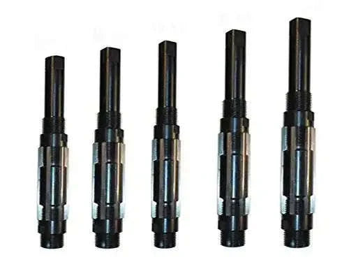 Adjustable hand reamer set with five metal reamers, knurled handles