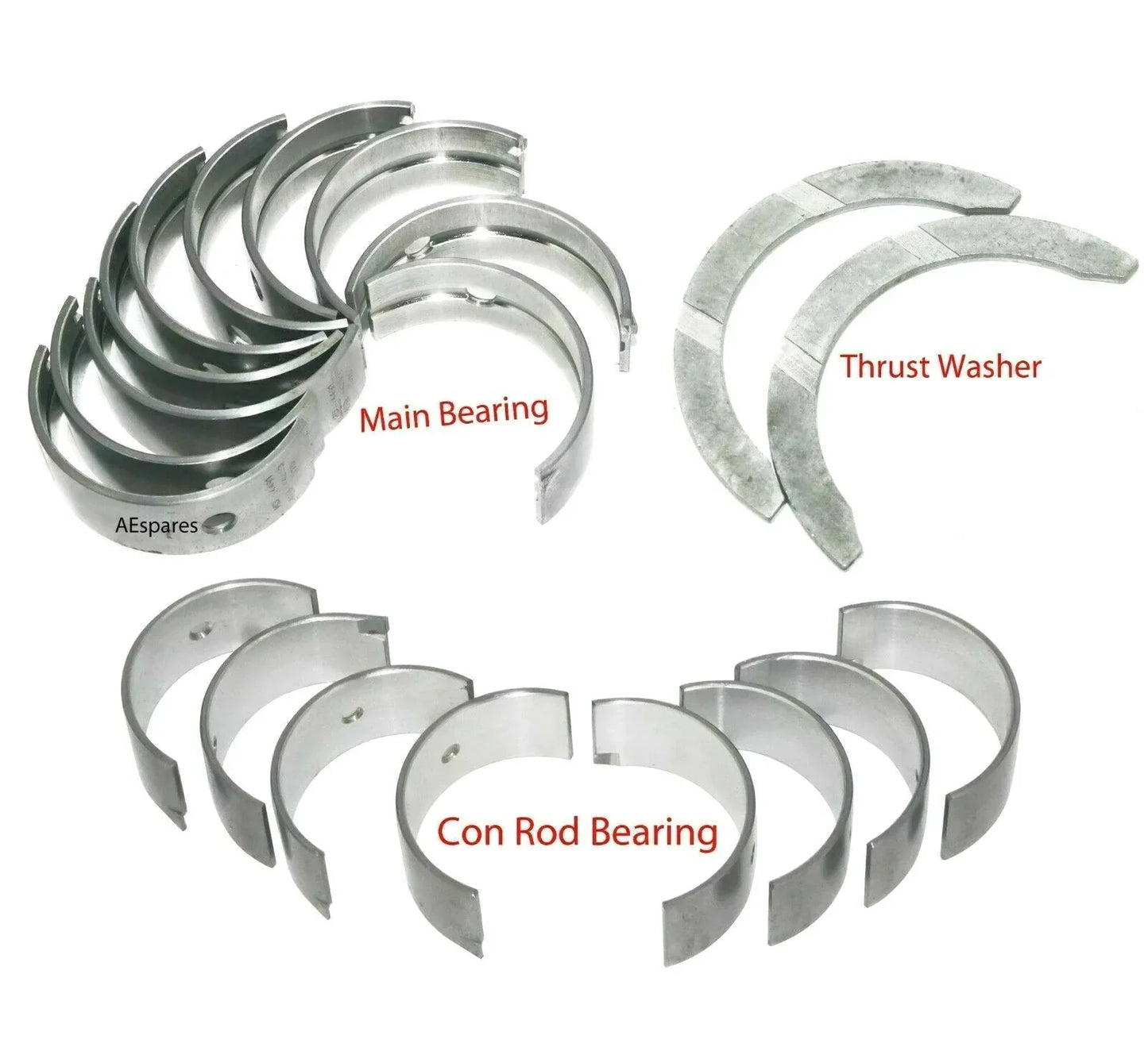 Engine bearing and thrust washer kit with main and connecting rod bearings, metal halves