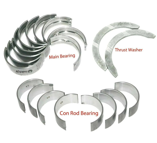 Engine bearing and thrust washer kit with main and connecting rod bearings, metal halves