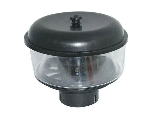 Air cleaner bowl assembly with clear cover and dark housing, central mounting stud