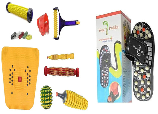 Yoga Paduka Slipper & Acupressure Kit Combo with colorful massage rollers for foot recovery and relaxation