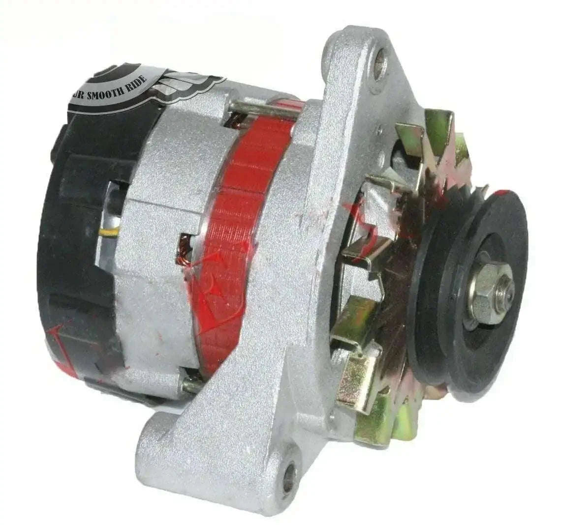 12-volt alternator assembly with pulley and metal mounting bracket, silver body and terminals