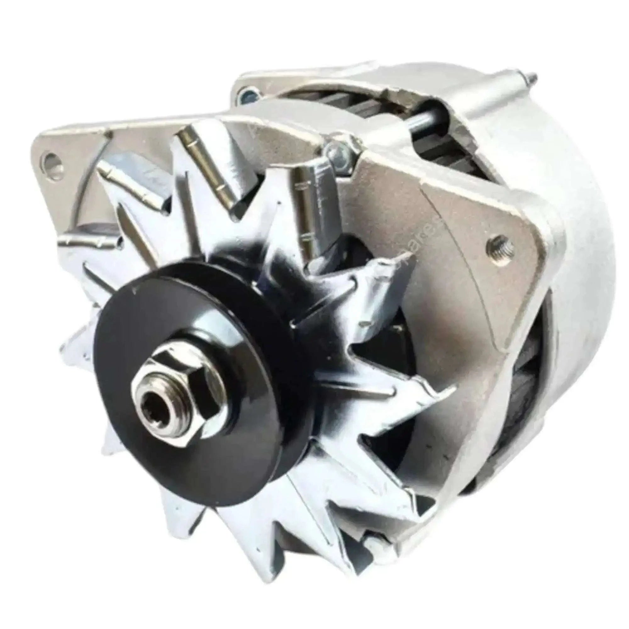 Alternator assembly with black pulley and silver finned housing, mounting bracket included