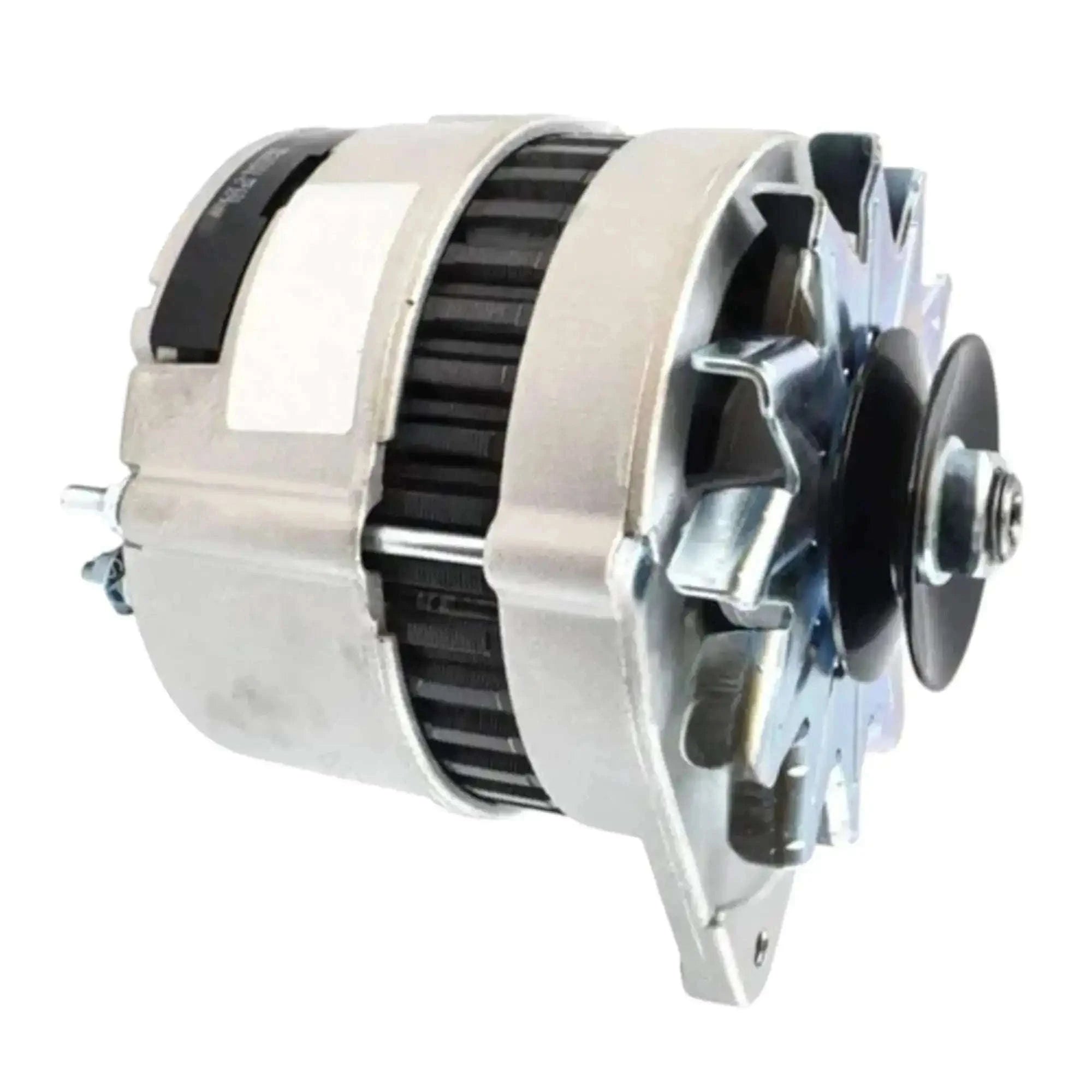 Alternator assembly side view with black belt pulley, silver vents and brackets