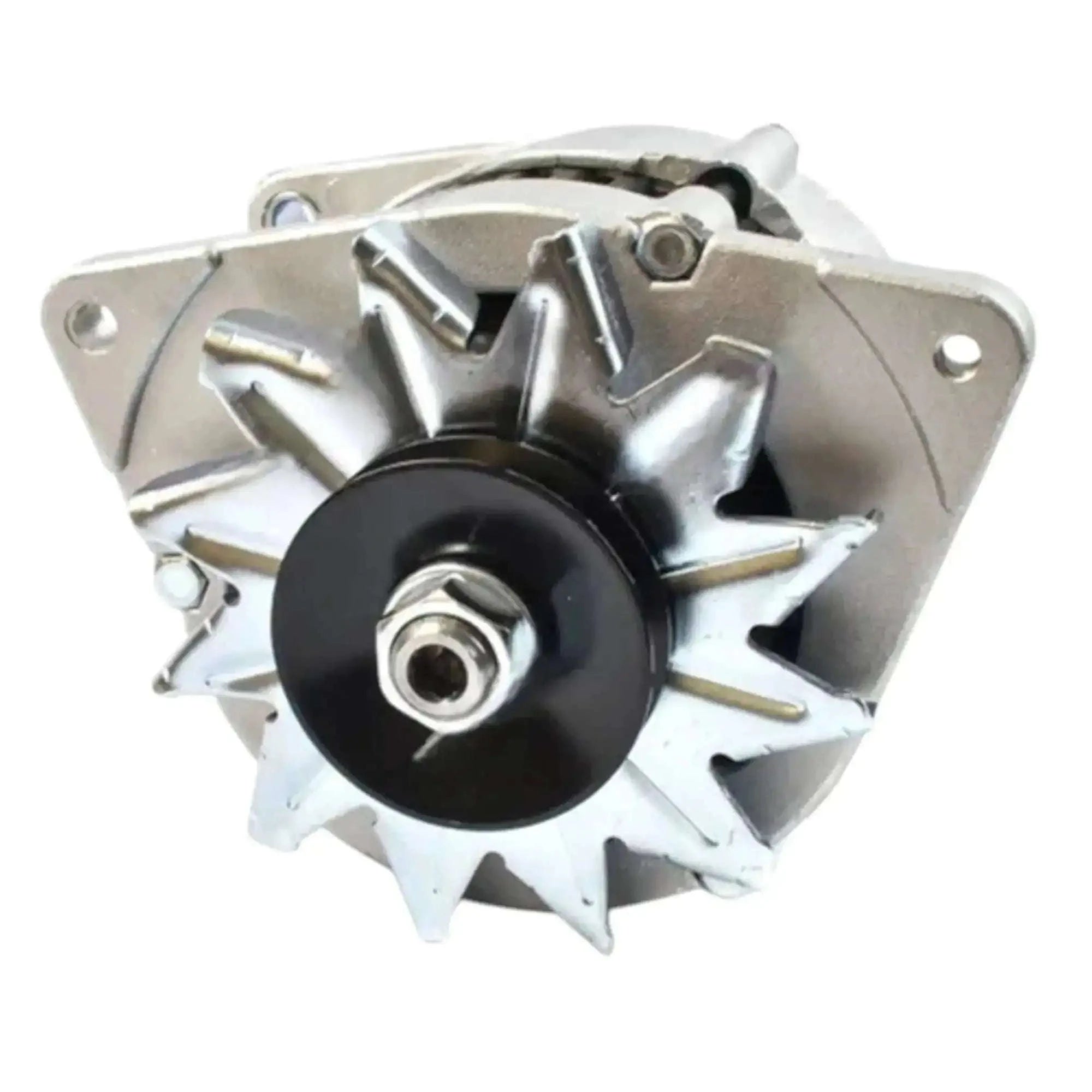 Alternator assembly front view with black pulley center bolt, silver fan-style fins