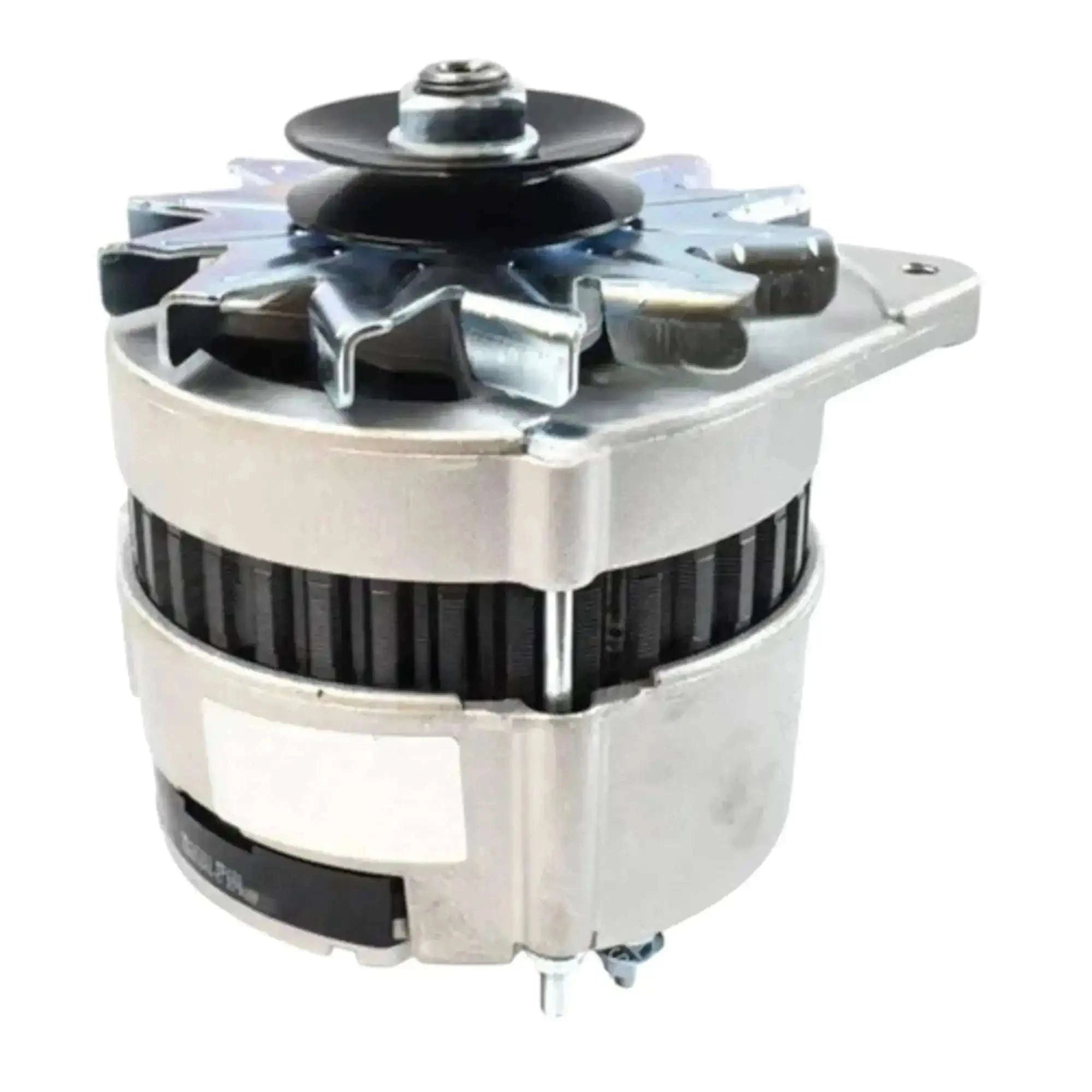 Alternator assembly with belt pulley, silver housing fins, top mounting hardware