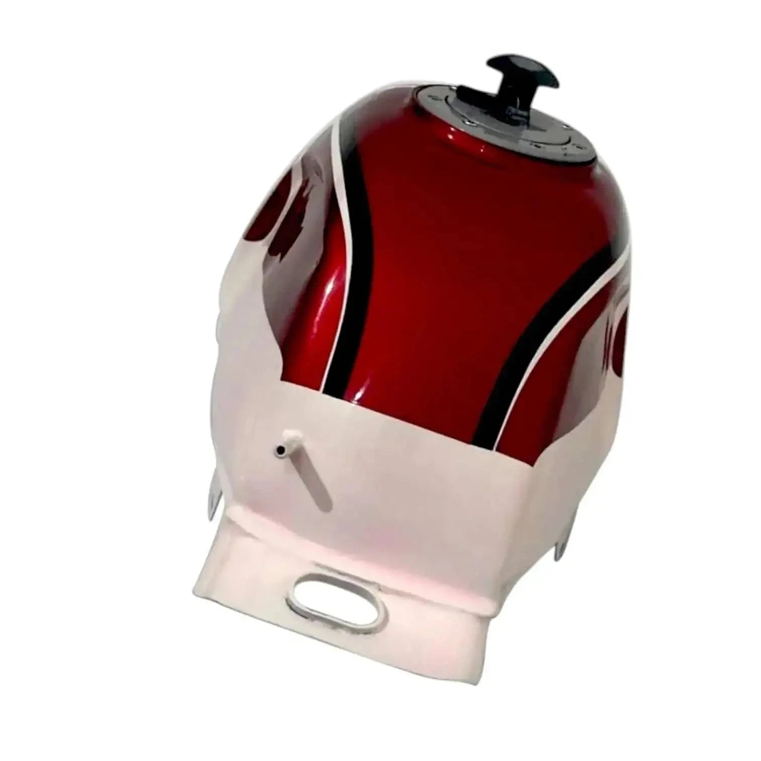 Red and white motorcycle fuel tank cover with mounting tabs and wide stripe