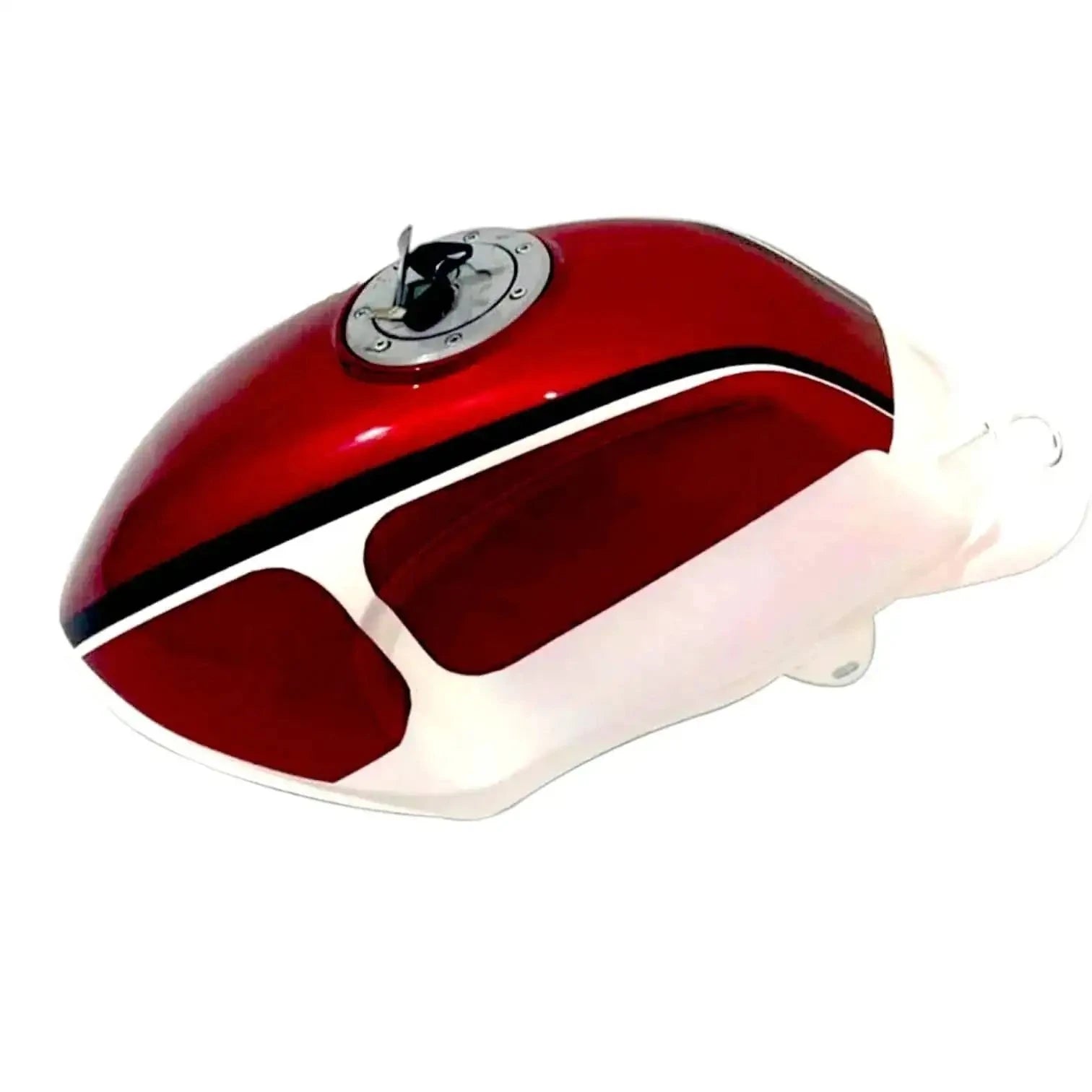Red and white motorcycle fuel tank with round fuel cap and curved side panels