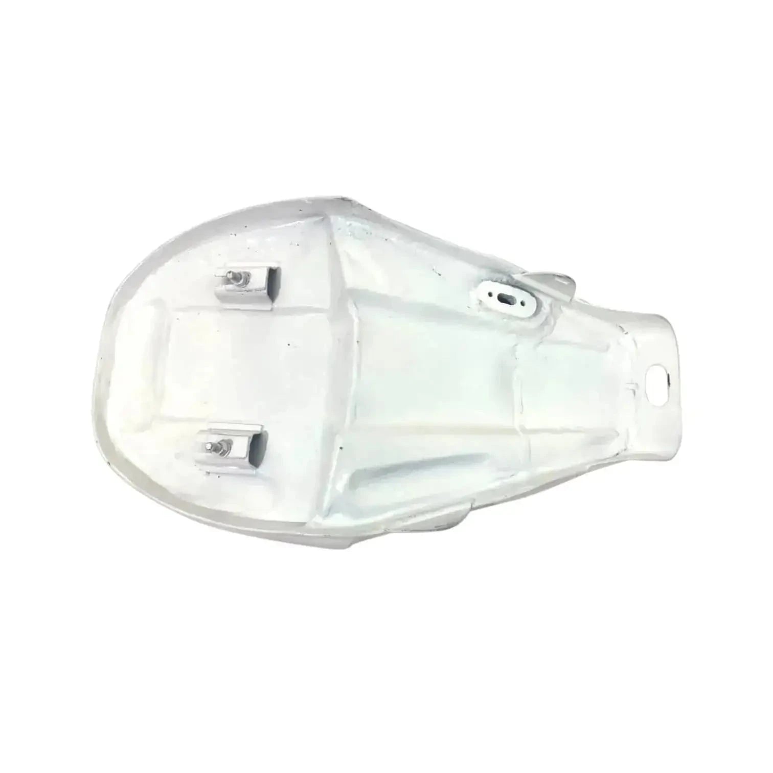 Unpainted white motorcycle fuel tank shell with mounting holes and brackets