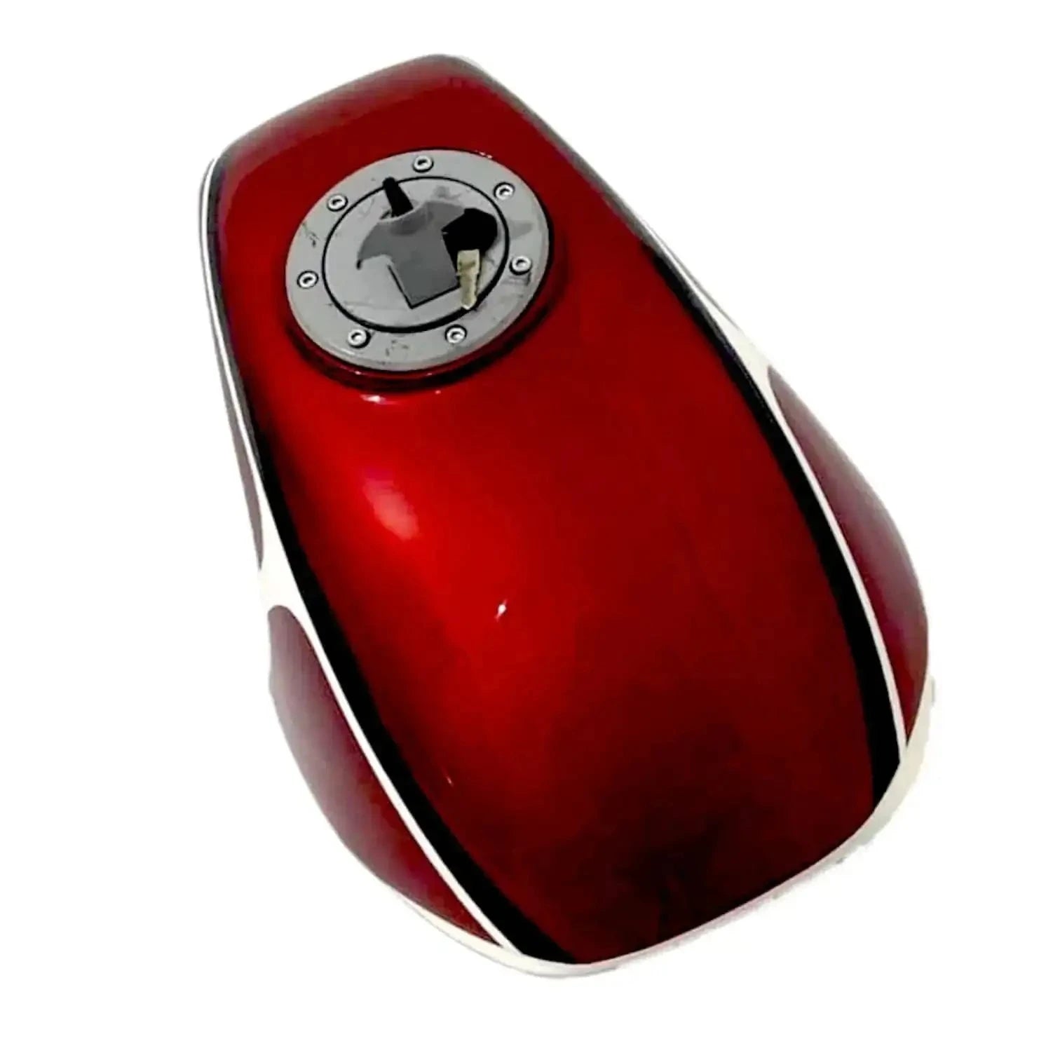 Cherry red motorcycle fuel tank with circular fuel cap and white trim stripe