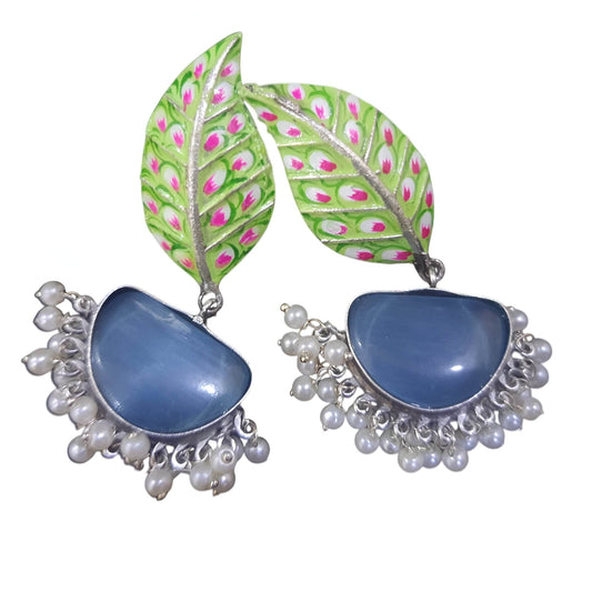 Elegant amber pearl drop earrings featuring blue stones and delicate pearl accents