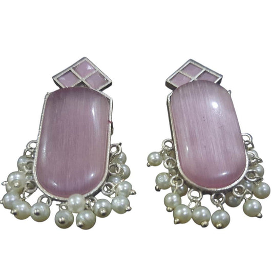 Stylish amber pearls drop earrings with a pink stone and delicate pearl accents