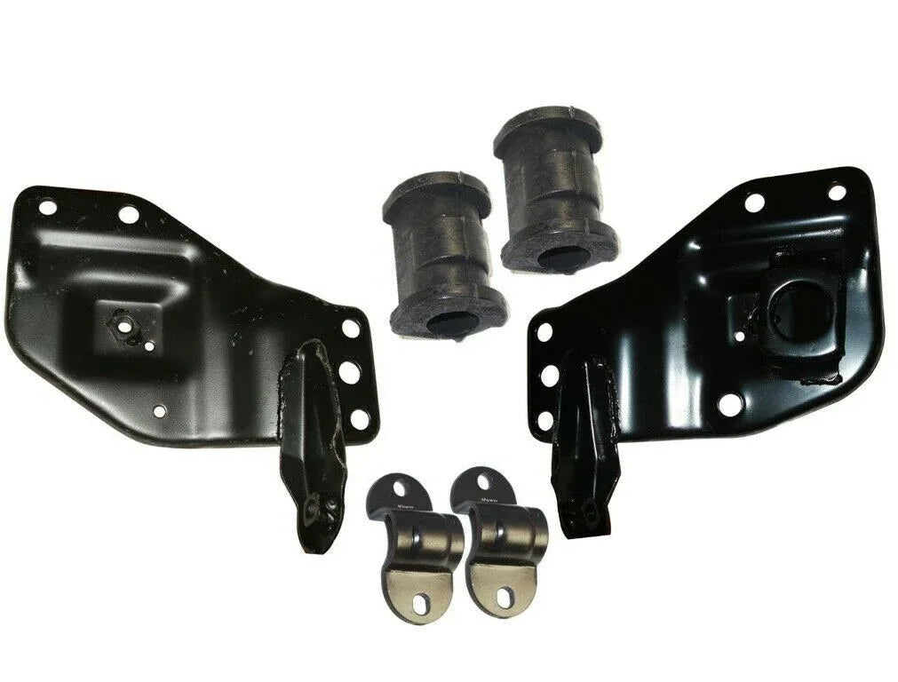 Front anti-roll bar mounting bracket kit with black metal brackets and rubber bushings