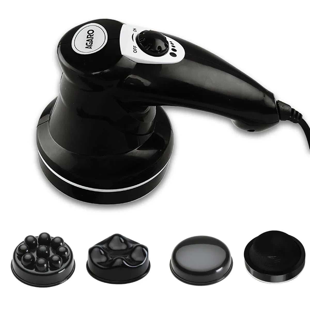 Black handheld electric full body massager with three detachable massage head attachments