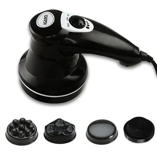 Black handheld electric full body massager with three detachable massage head attachments