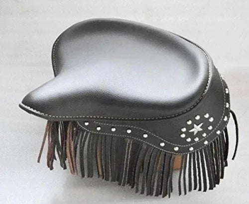 Gray leather saddle seat with studded trim, star conchos, and long fringe