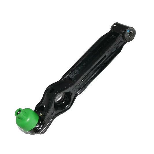 Front suspension track control arm assembly, black steel with green bushing.