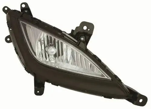 Automotive fog light with clear lens and black housing, mounting brackets attached