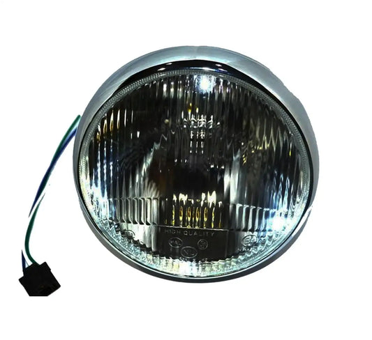 LUCAS 7-inch headlight with beam lens, chrome rim, black housing and wiring plug
