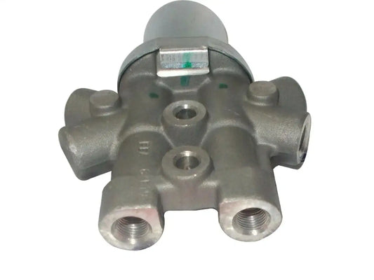 Brake proportioning valve, silver metal with threaded ports and mounting holes