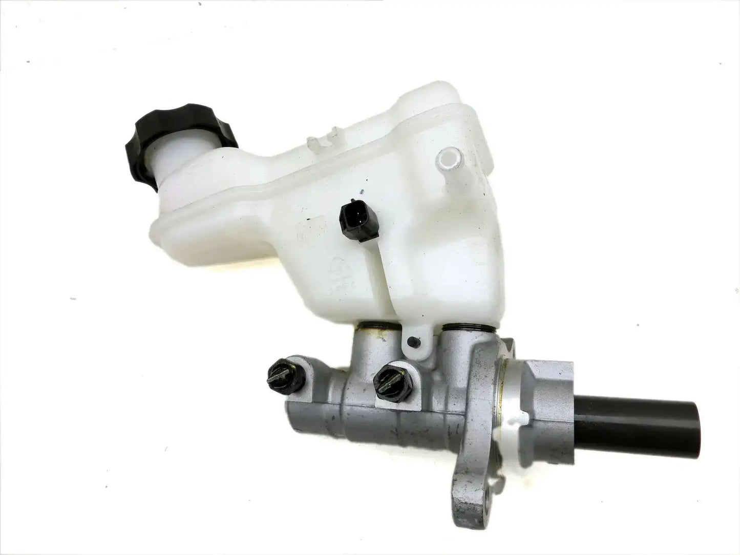 Brake master cylinder with white fluid reservoir and metal body, black hose fittings