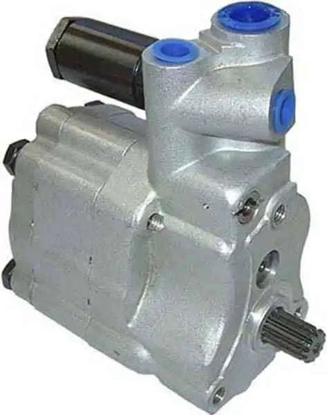 Auxiliary hydraulic pump, silver metal body with blue inlet caps and side fittings