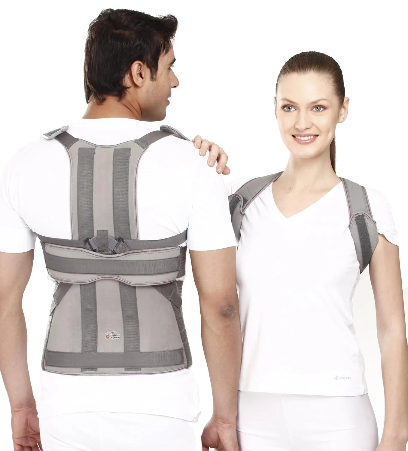 Gray long back brace with adjustable shoulder and back straps, worn on a model