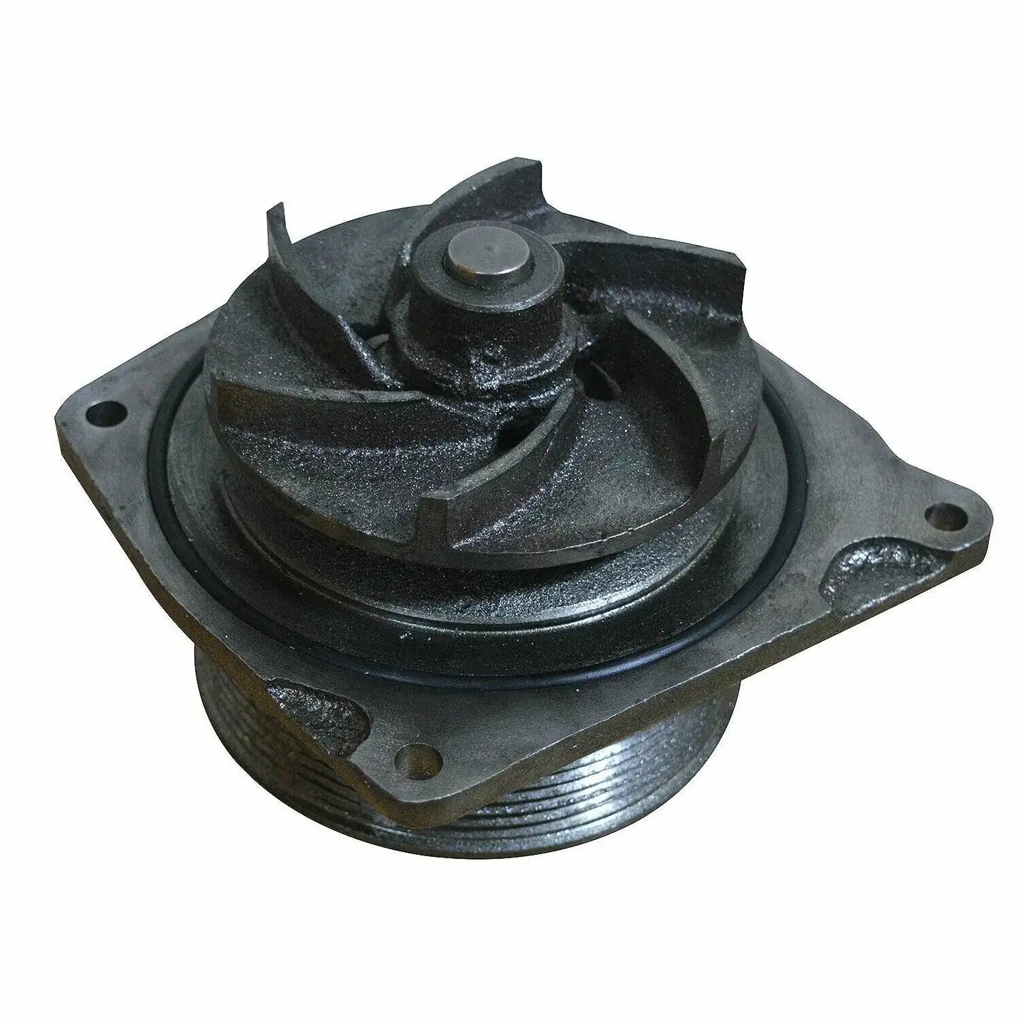 Water pump assembly with circular impeller, mounting flange and bolt holes, dark metal