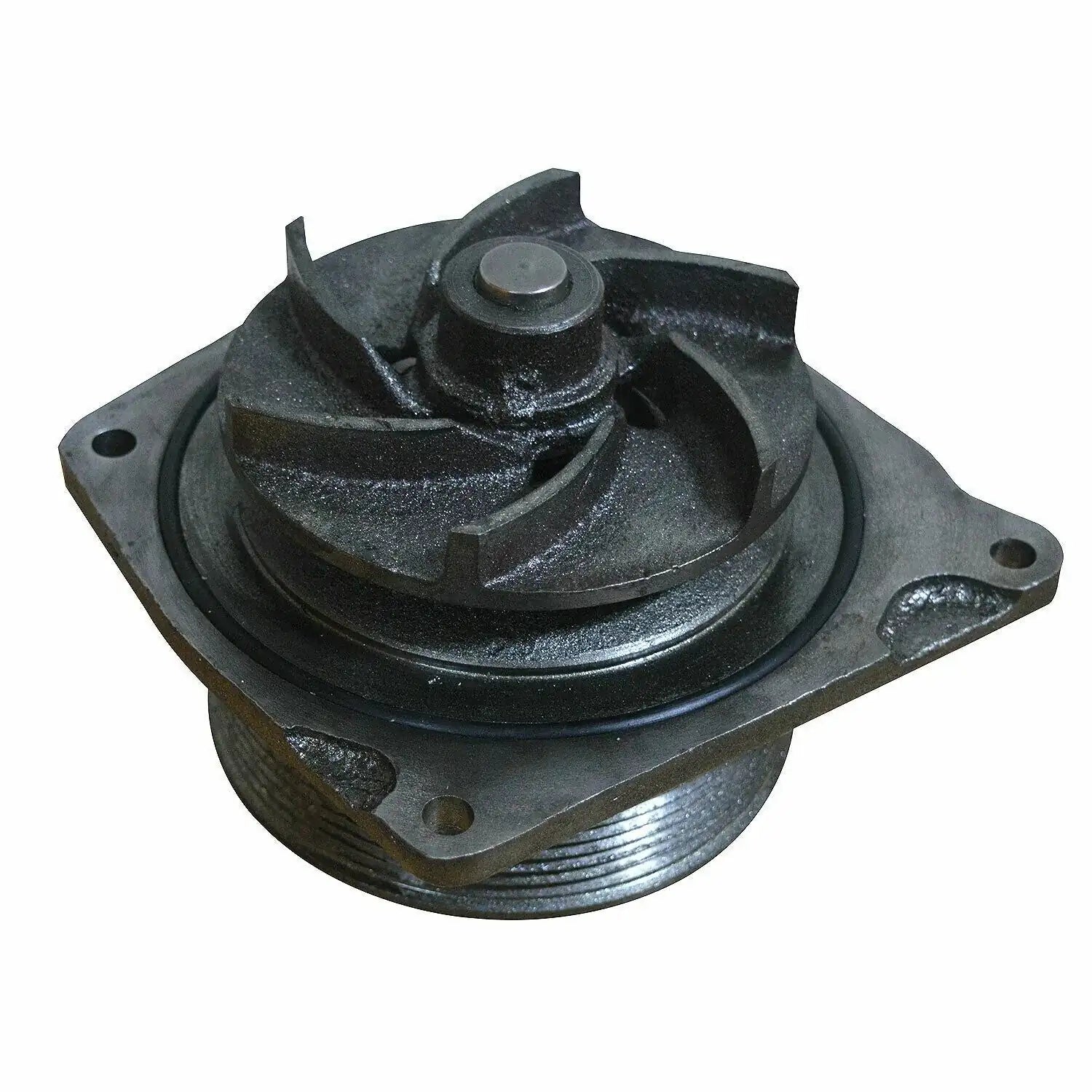 Water pump assembly with circular impeller, mounting flange and bolt holes, dark metal