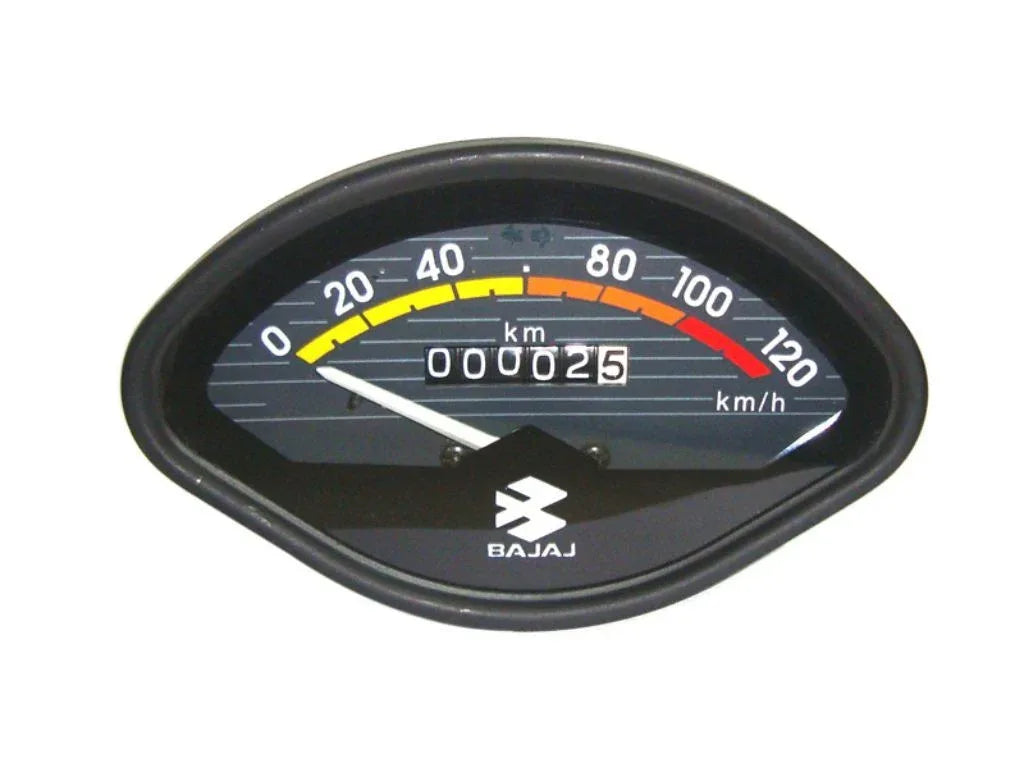 Bajaj motorcycle speedometer with clear display, measures speeds from 0-120 km/h for accurate riding performance