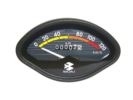 Bajaj motorcycle speedometer with clear display, measures speeds from 0-120 km/h for accurate riding performance
