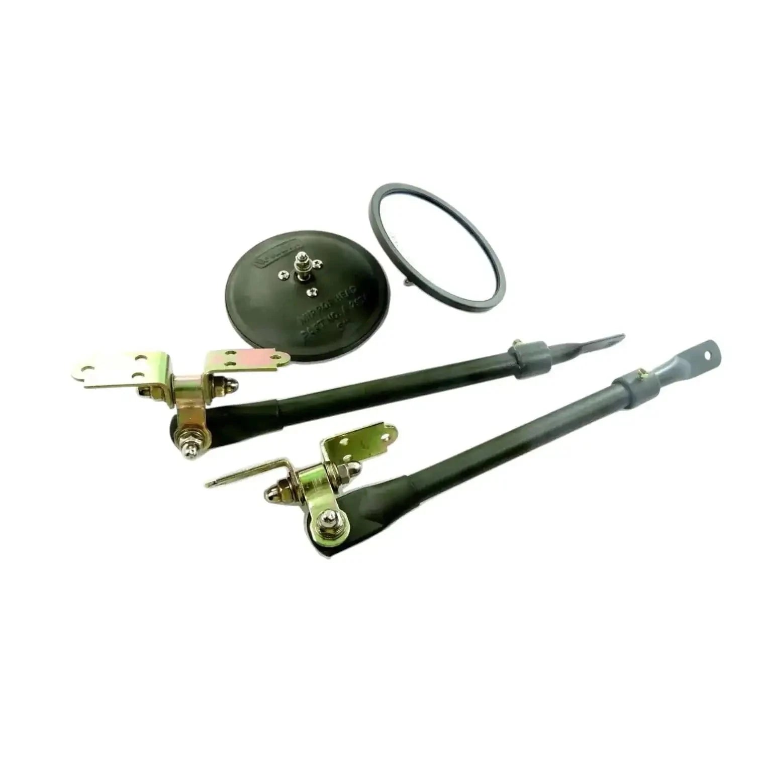 Adjustable arm mirror bracket set with two green mirrors, gaskets, and mounts