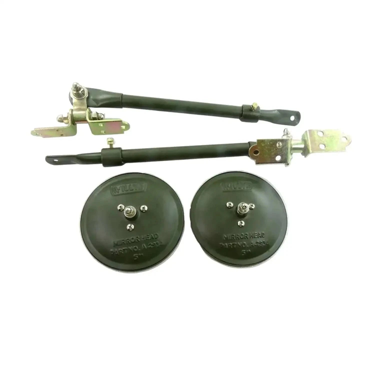 Adjustable arm mirror bracket kit with two green round mirrors and mounting hardware