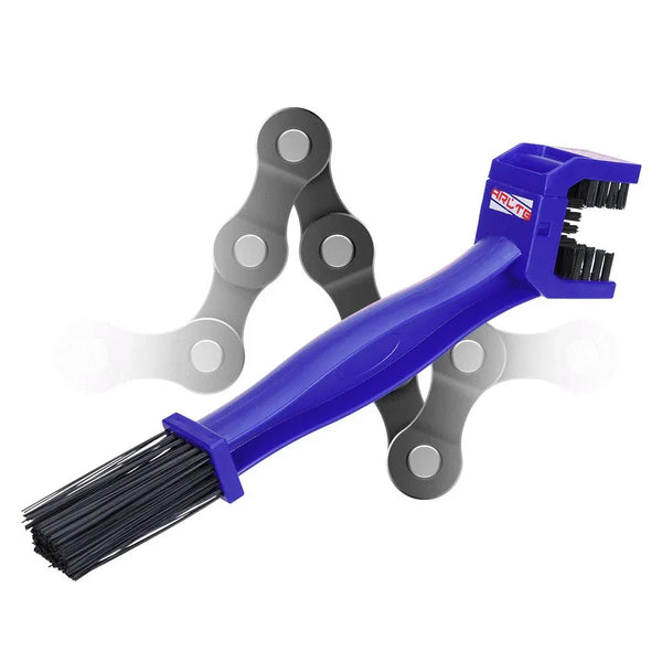 Bike chain cleaning brush tool with blue handle and gray bristles, angled head