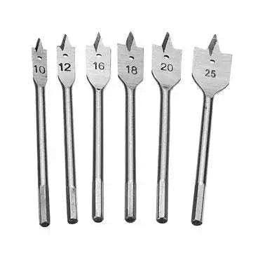 6-piece flat wood drill bit set with hex shanks, spade tips with sizes 10–25