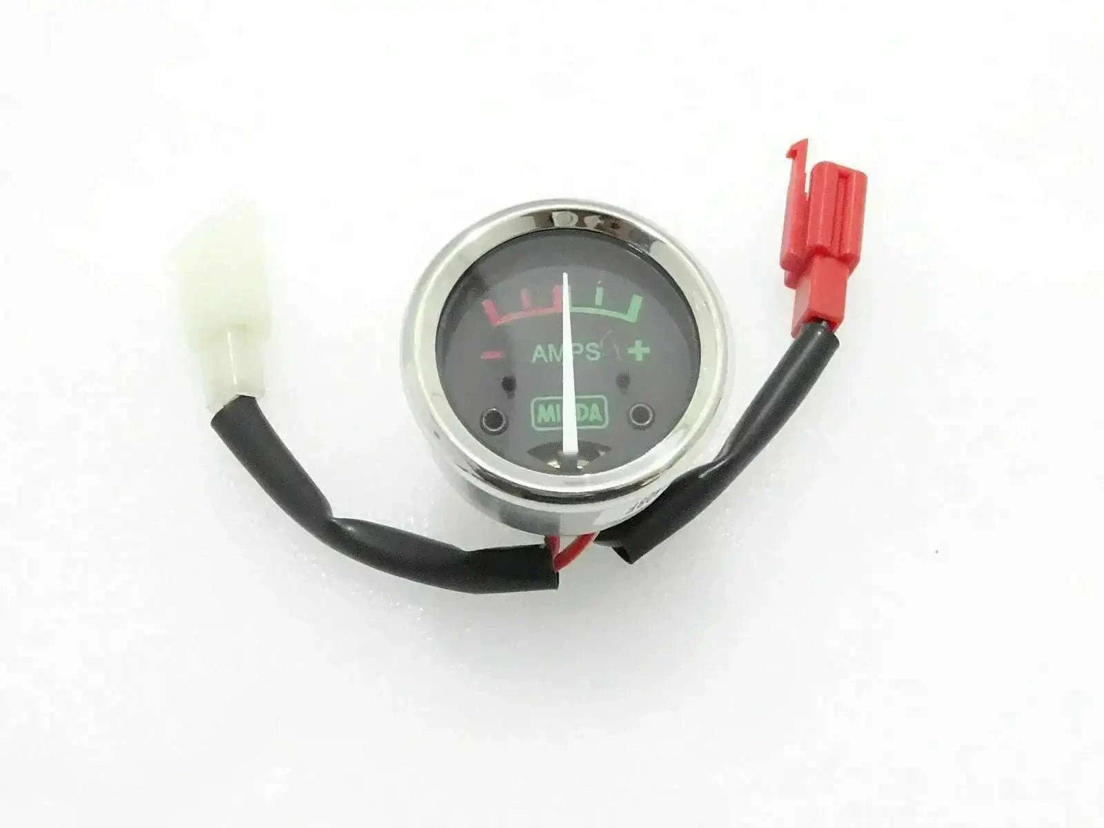 Black ammeter gauge with red/black wiring and round dial face
