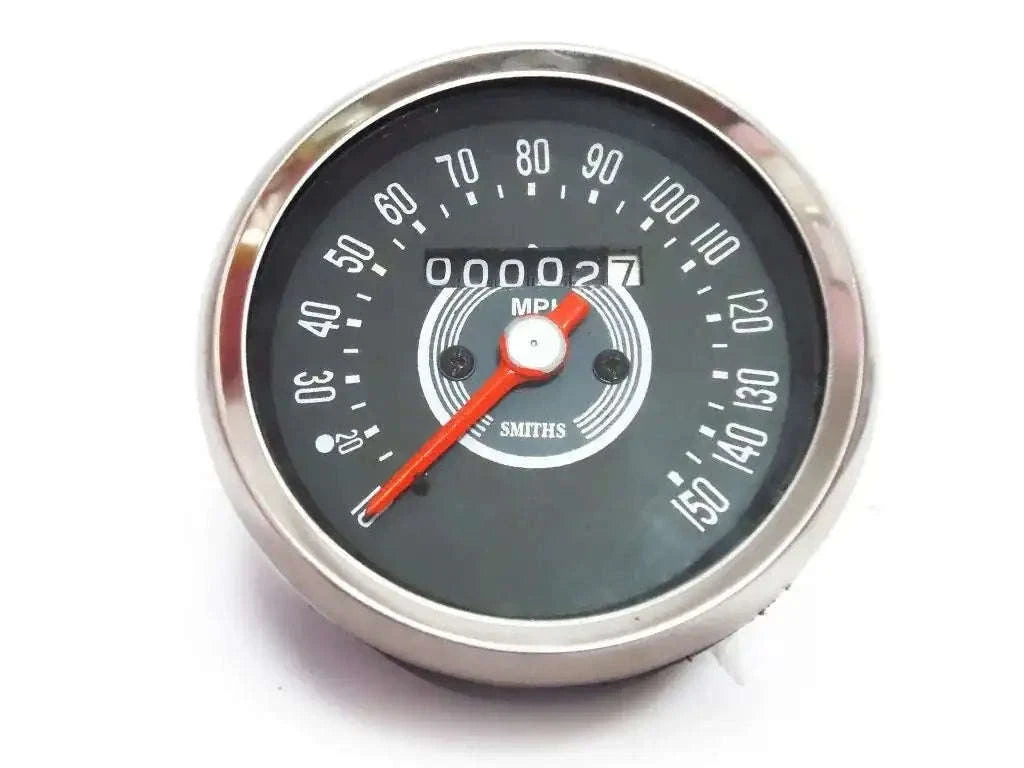Smiths replica speedometer gauge, black face with 0–150 mph dial