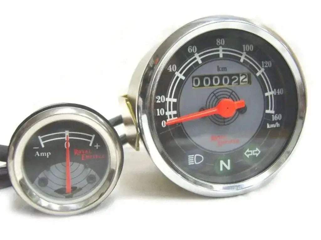 Analog speedometer and ammeter gauges with red needles