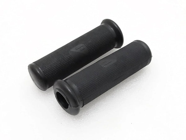 Pair of black rubber handle grips with textured surface and flared ends