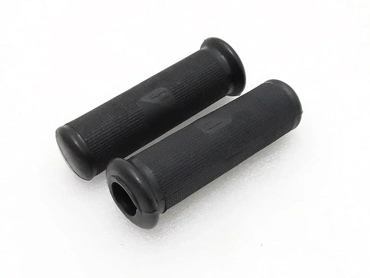 Pair of black rubber handle grips with textured surface and flared ends